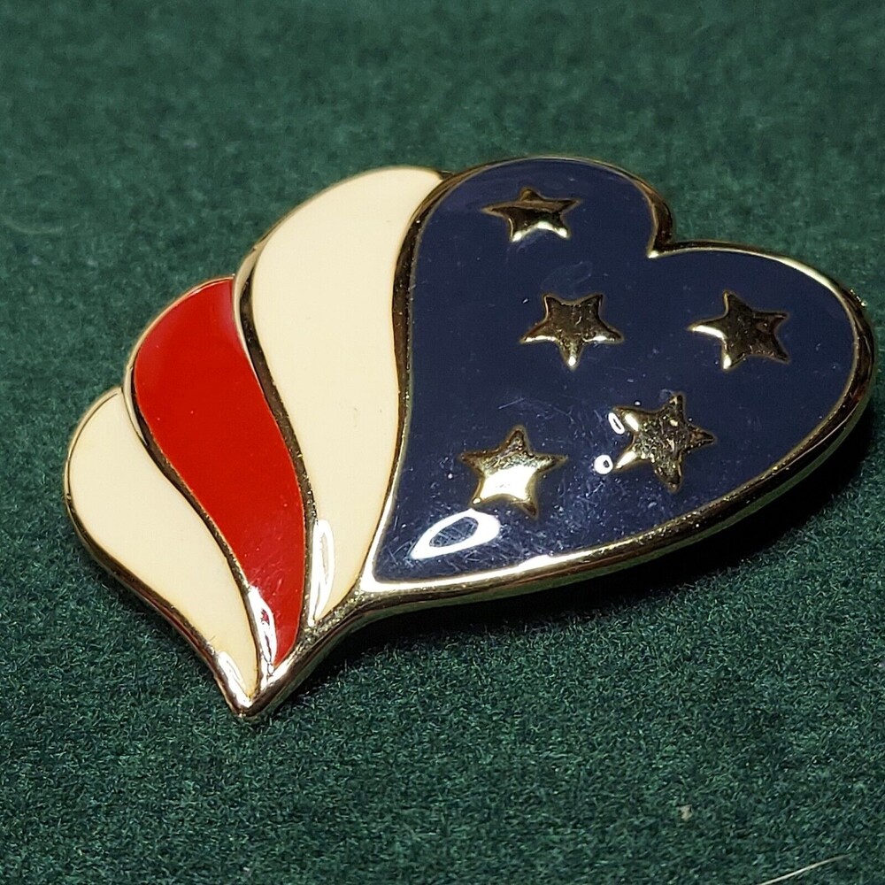 Brooch Pin Heart Red Creamy White Blue with stars 1 1/2" See photos